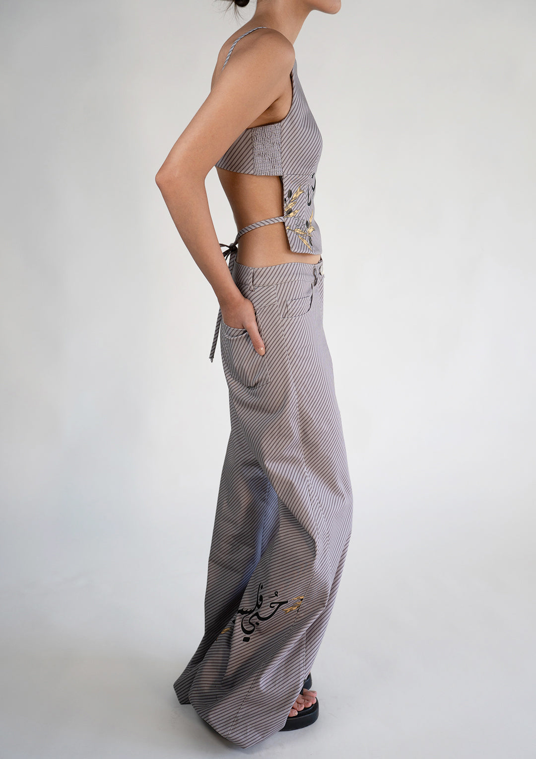 Hobi Falasteen Grey Pinstripe Wide Leg Trousers