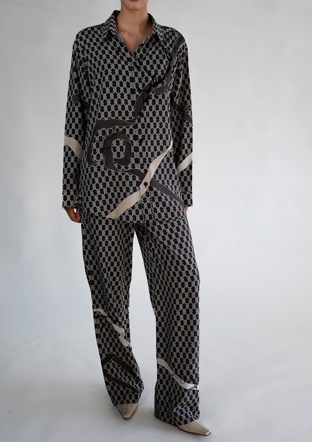 Monochrome Ribbon Print Satin Drawstring Trouser