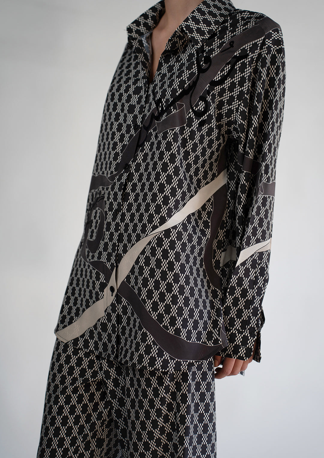 Monochrome Ribbon Print Satin Shirt