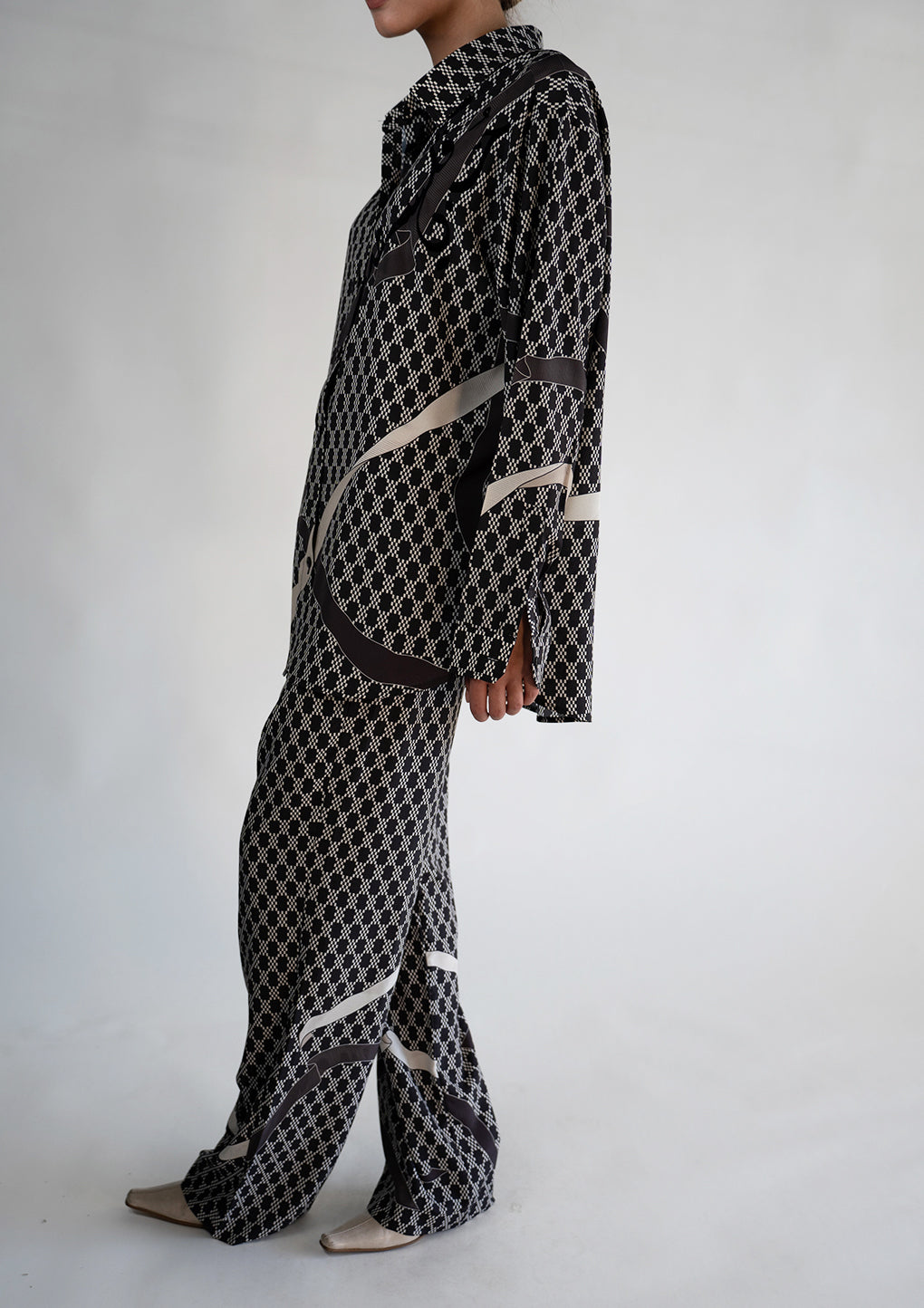 Monochrome Ribbon Print Satin Drawstring Trouser