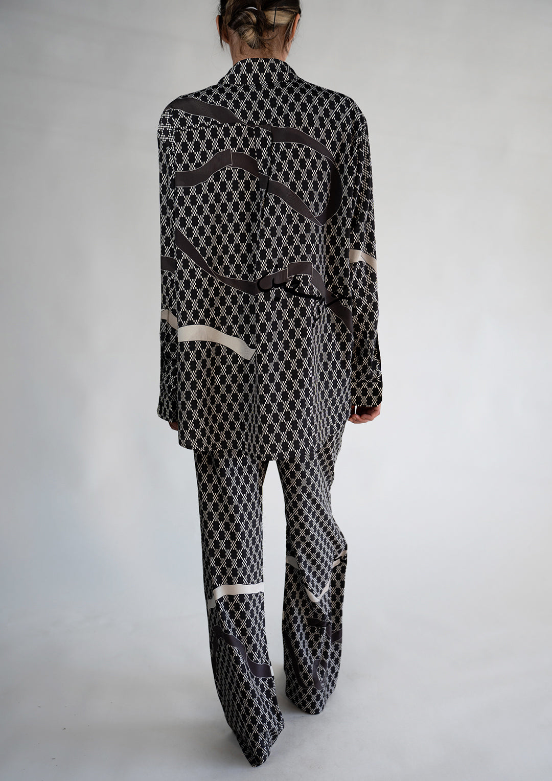 Monochrome Ribbon Print Satin Drawstring Trouser