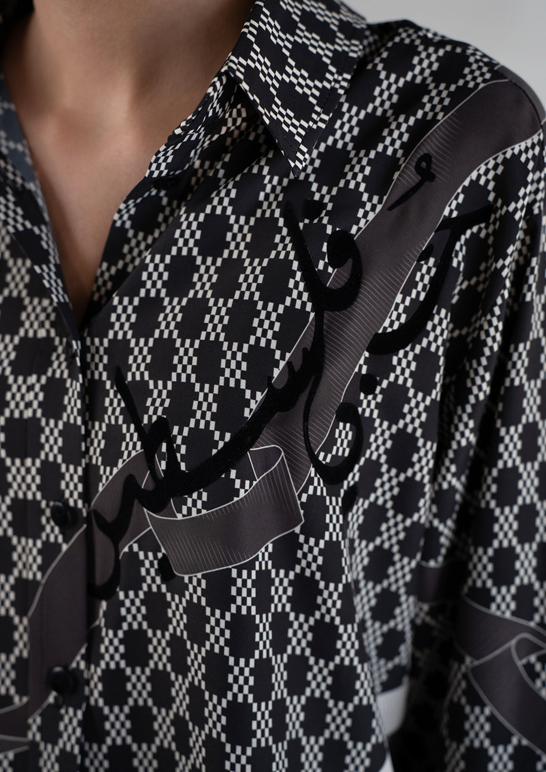 Monochrome Ribbon Print Satin Shirt