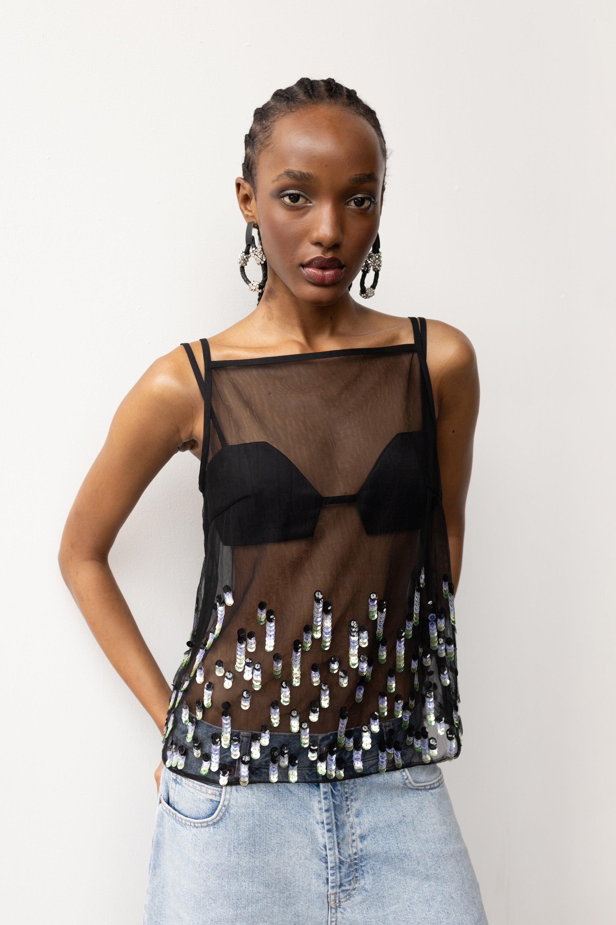 Green Black Paillette Top