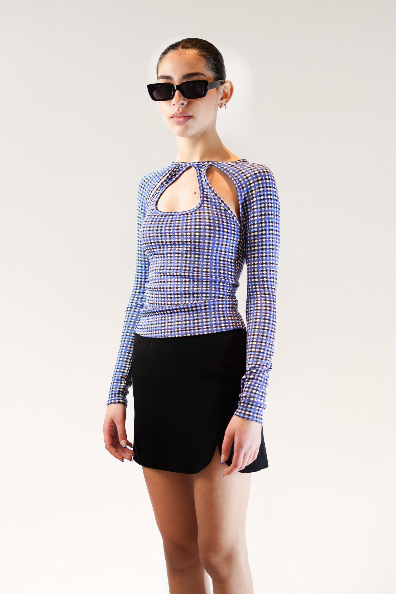 Kiku Jersey Top - Blue Grid Print