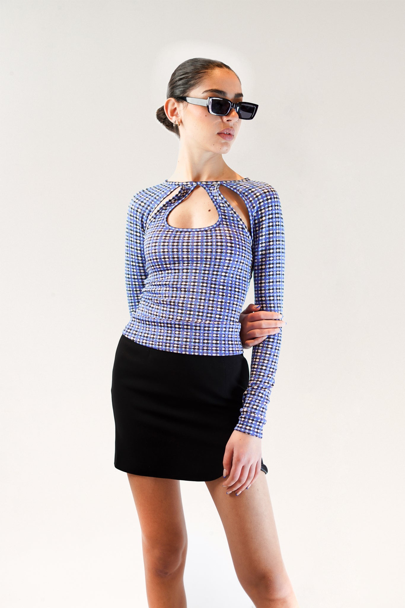 Kiku Jersey Top - Blue Grid Print