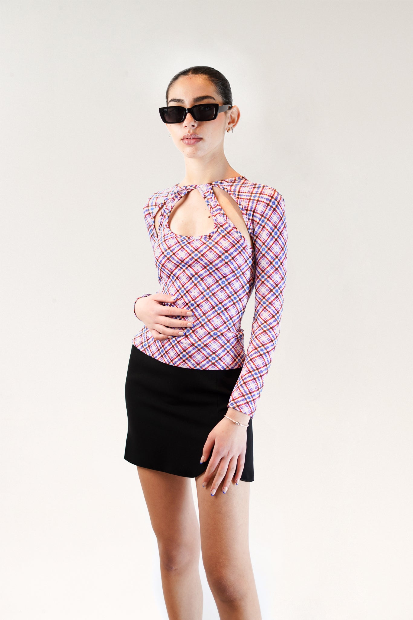 Kiku Jersey Top - Red Grid Print