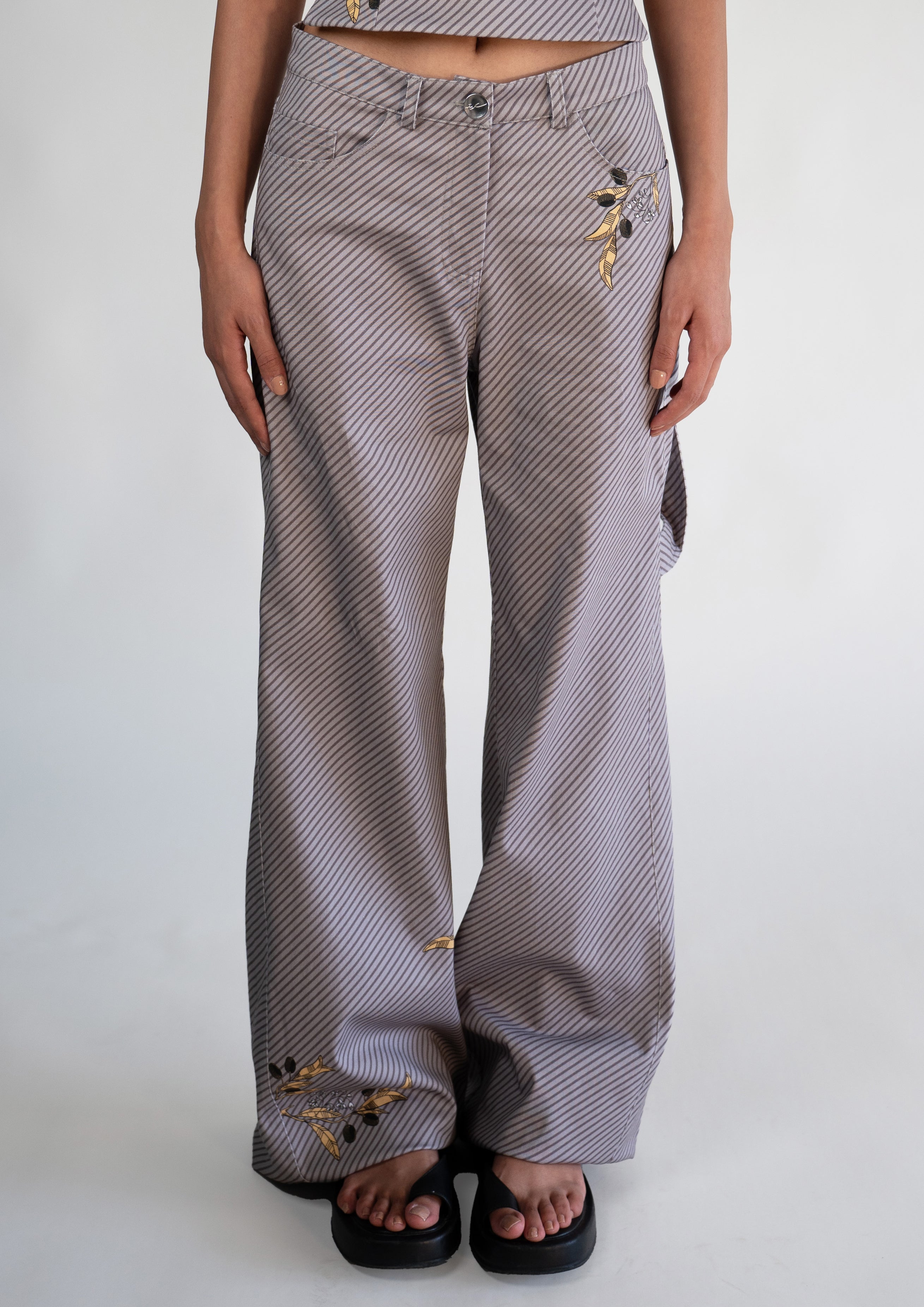 Hobi Falasteen Grey Pinstripe Wide Leg Trousers