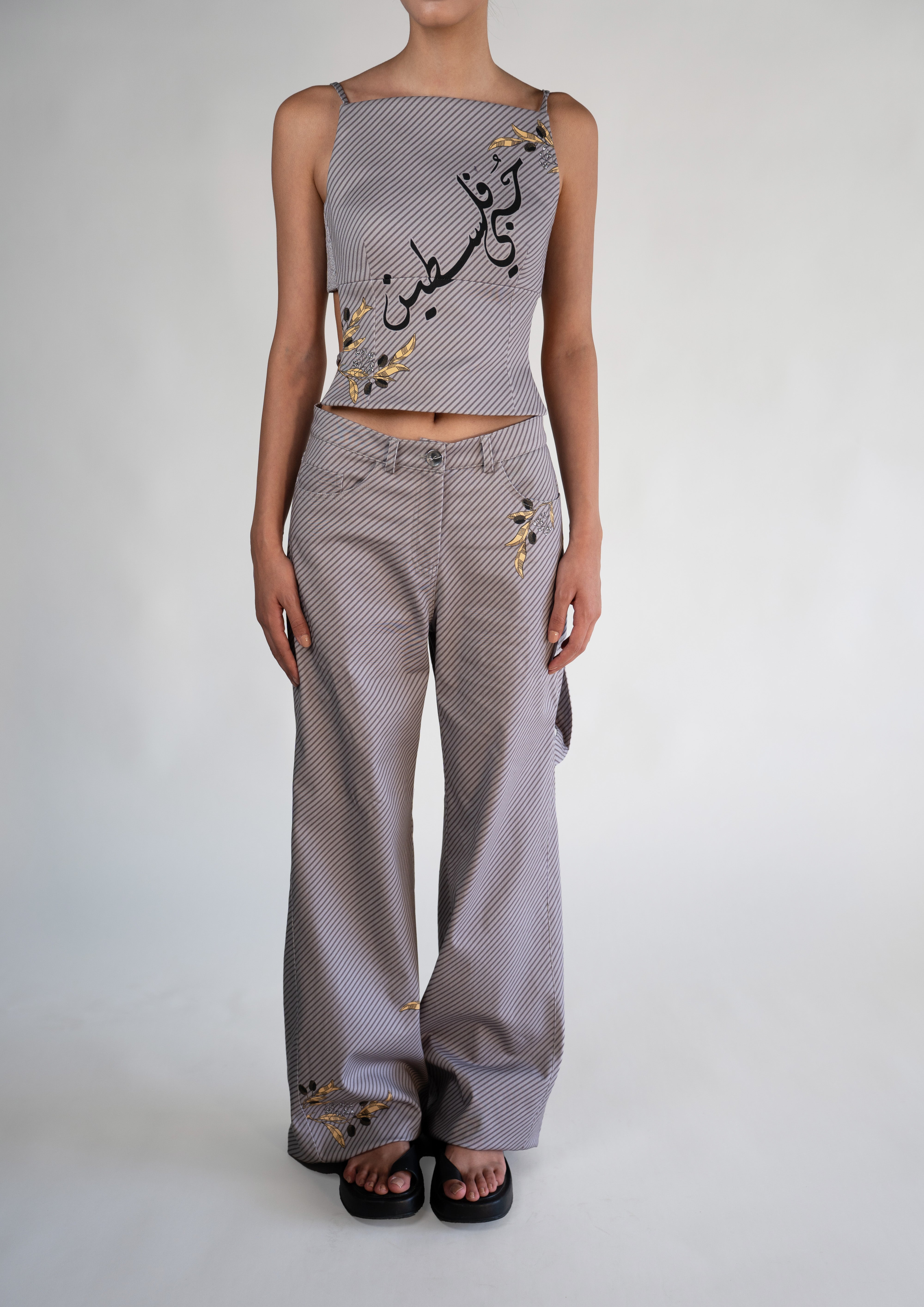 Hobi Falasteen Grey Pinstripe Wide Leg Trousers