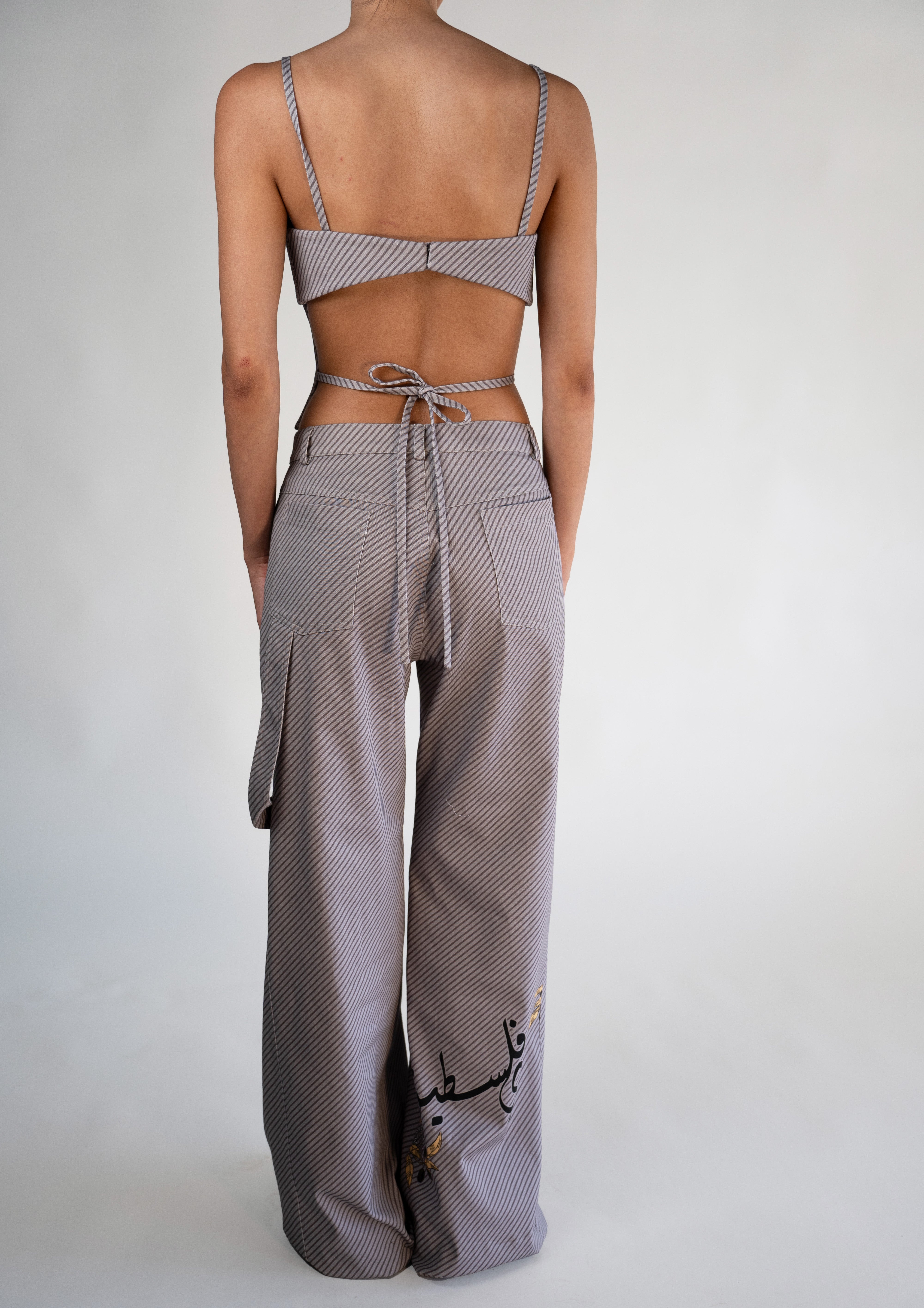 Hobi Falasteen Grey Pinstripe Wide Leg Trousers