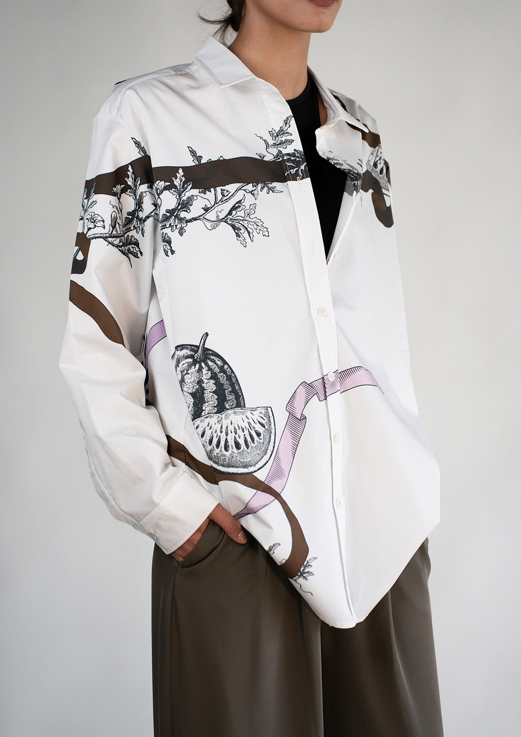 White with Green Ribbon Shade Oversized Classic Shirt