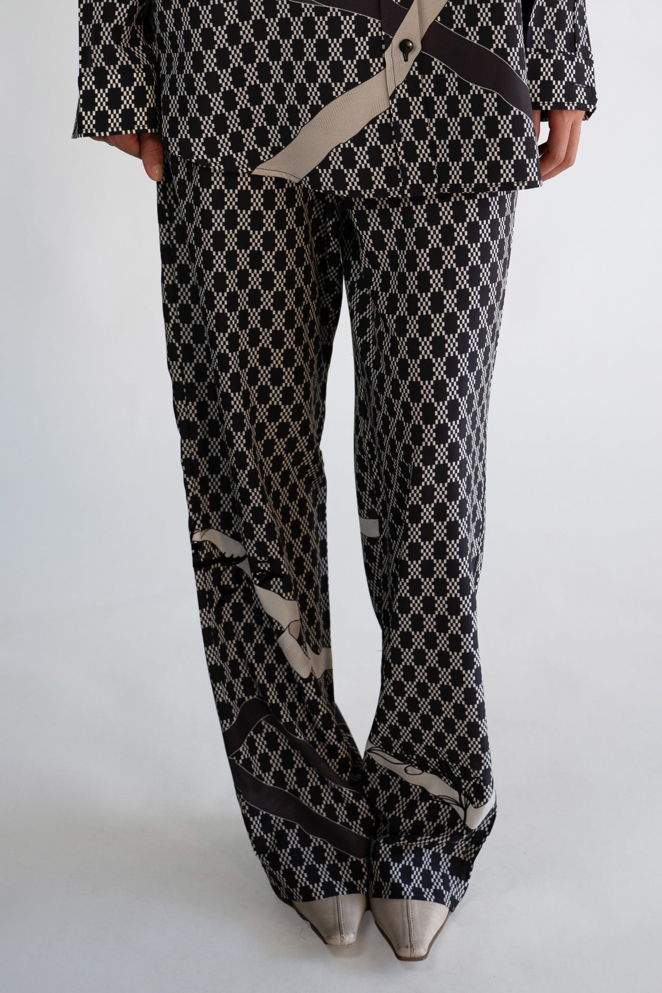 Monochrome Ribbon Print Satin Drawstring Trouser