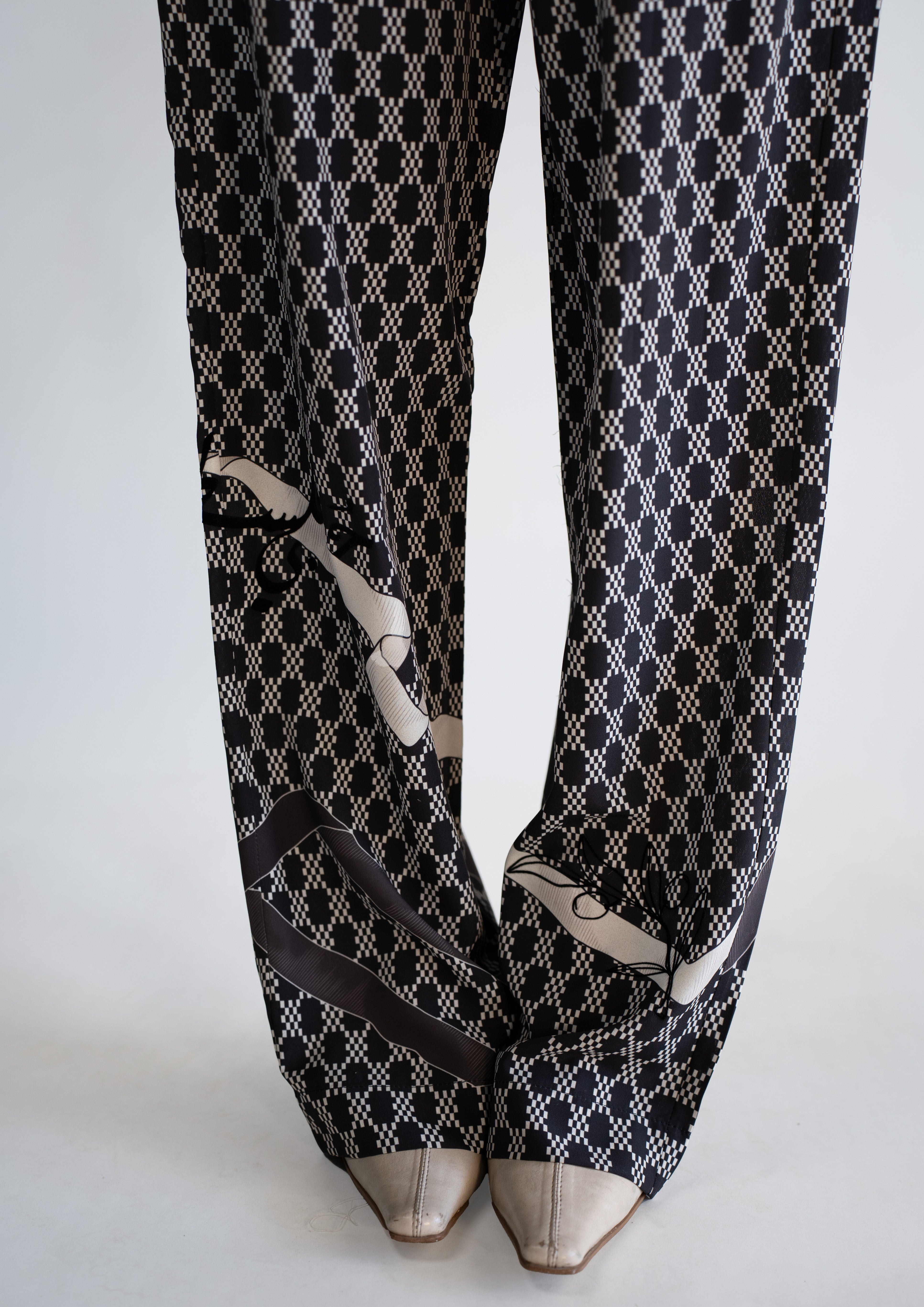 Monochrome Ribbon Print Satin Drawstring Trouser