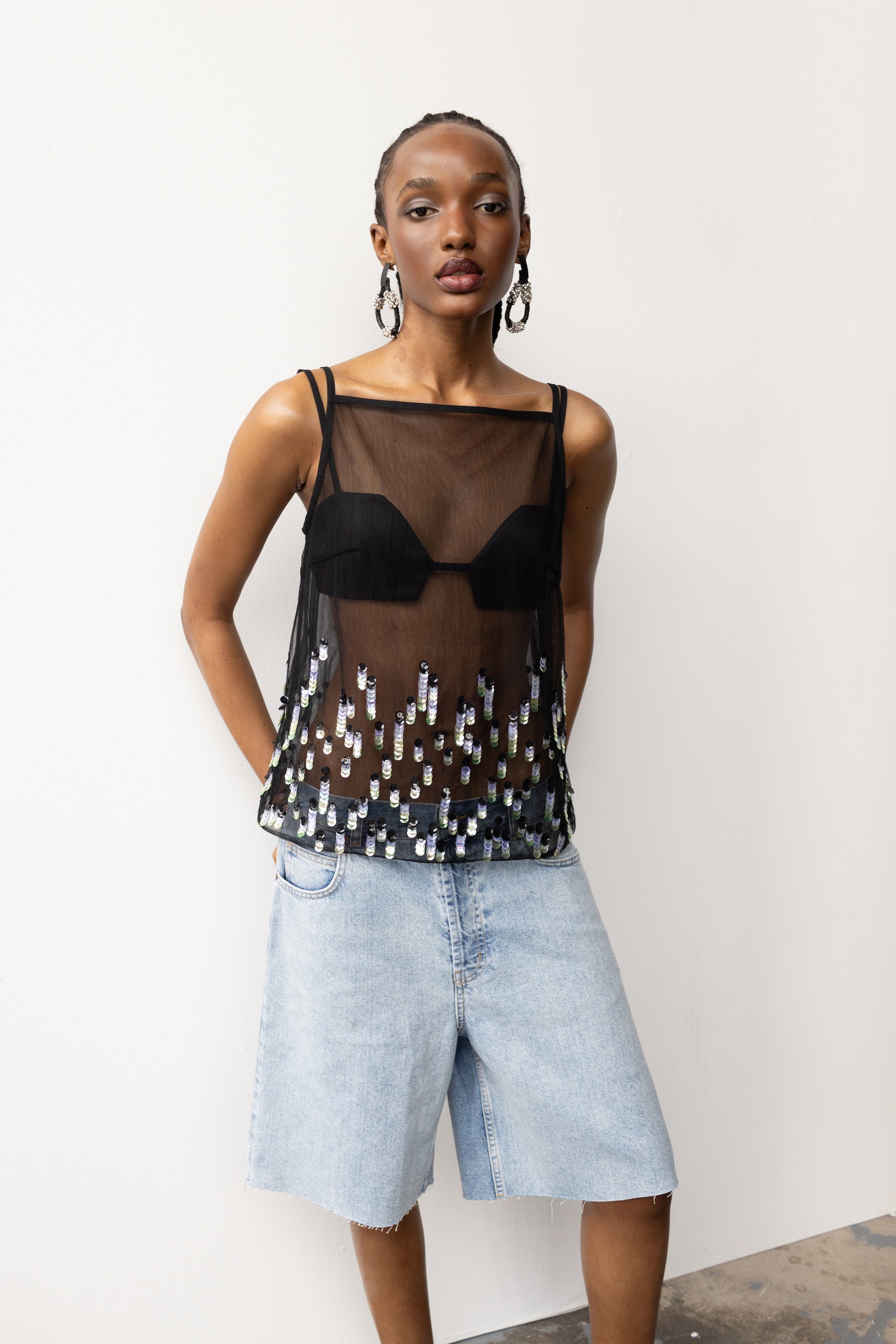 Green Black Paillette Top