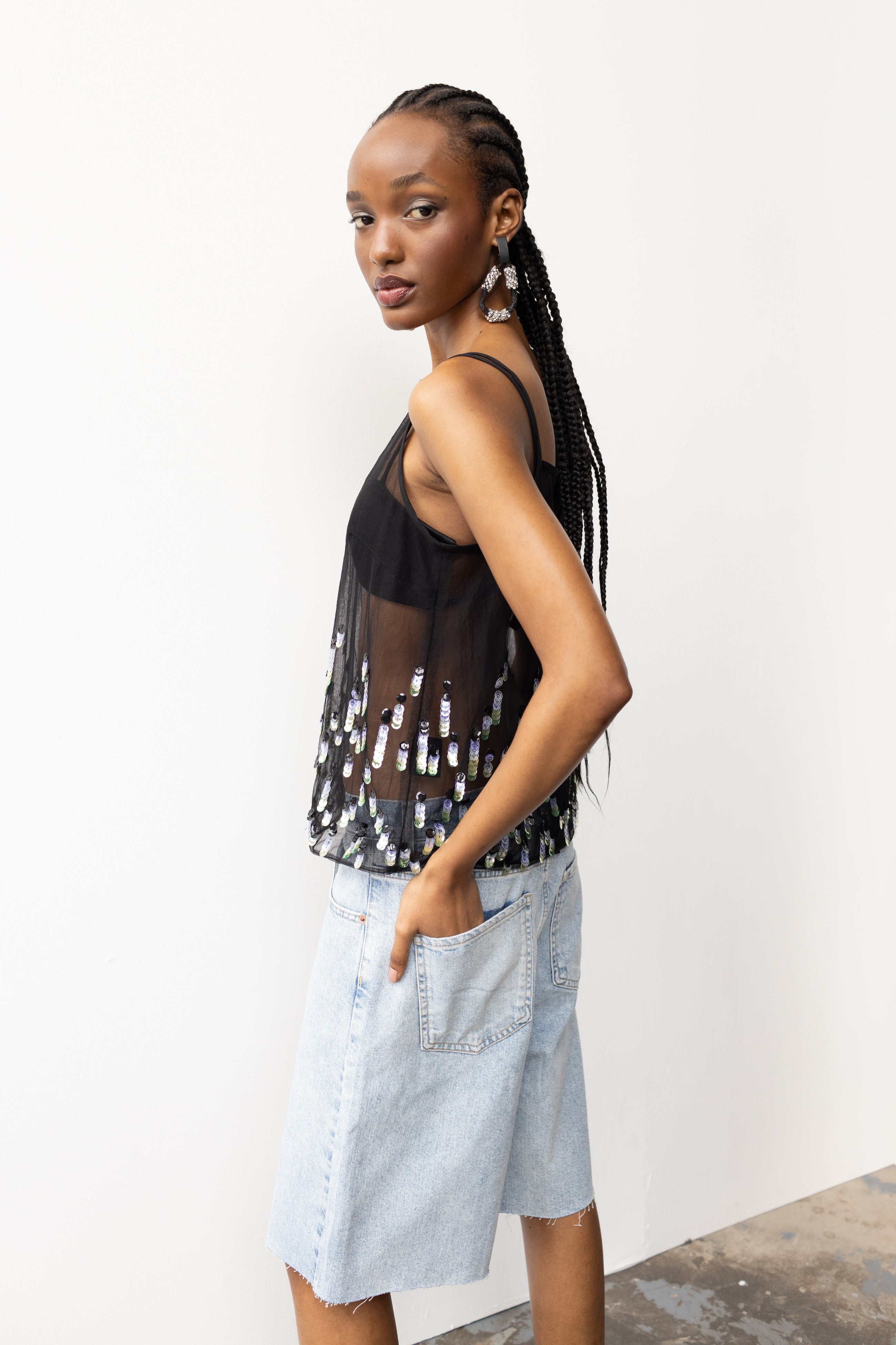 Green Black Paillette Top