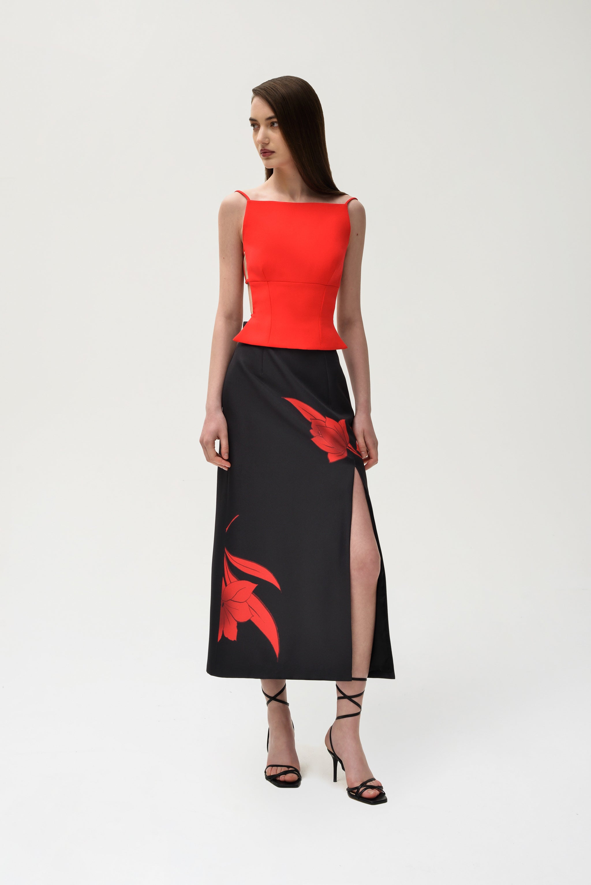Rosalie Red Floral Print Mesh High-Rise Midi Skirt